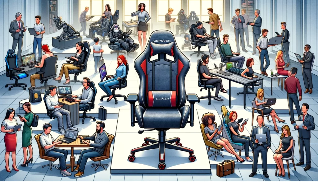 An illustration of a diverse group of people, including professional gamers, luxury buyers, and technology enthusiasts, each interacting with different gaming chairs