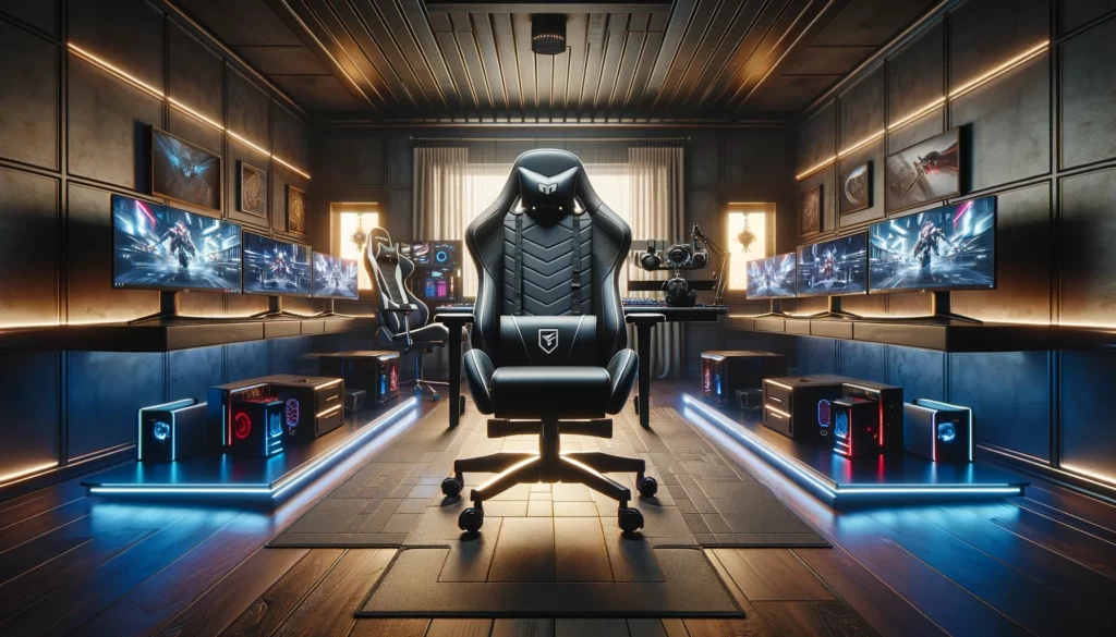 A luxurious and modern gaming setup featuring one of the top 10 most expensive gaming chairs, surrounded by high-end gaming equipment