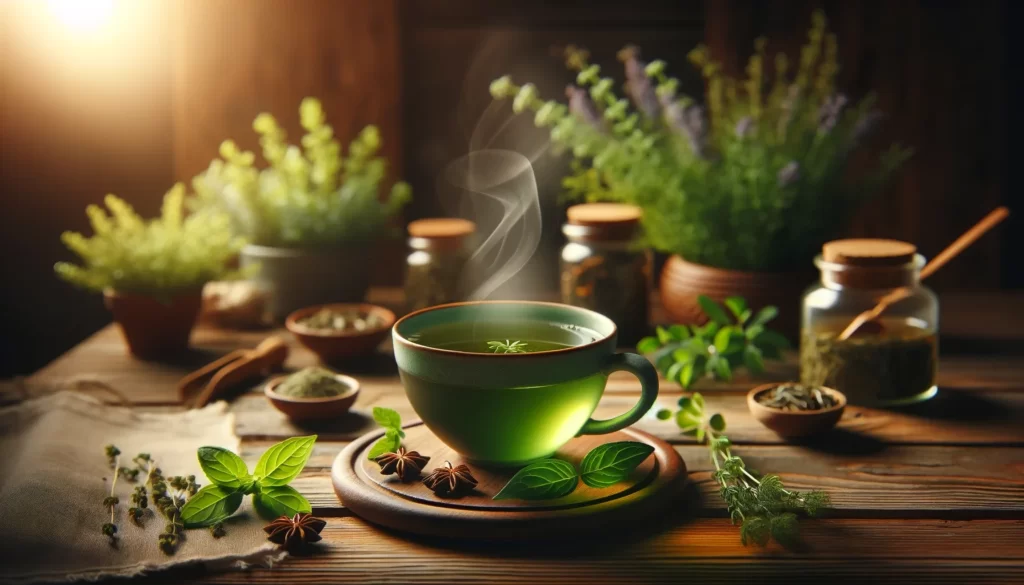 A soothing, warm cup of green tea, placed on a wooden table with a backdrop of herbal plants. The steam from the tea rises gently