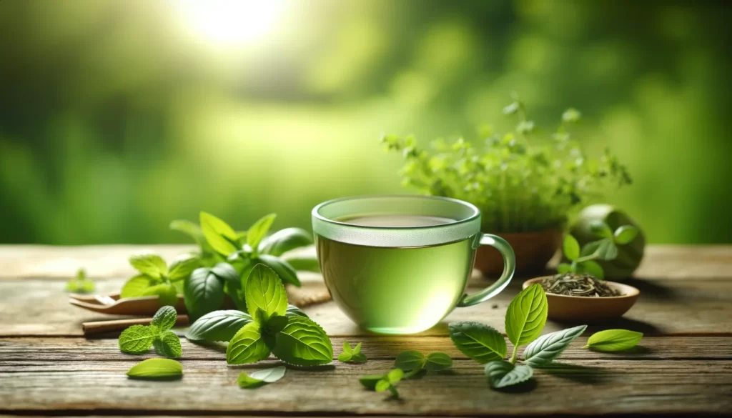 Image-depicting-a-serene-and-health-focused-scene-with-a-cup-of-green-tea-placed-on-a-wooden-table-surrounded-by-fresh-green-leaves-and-herbs.