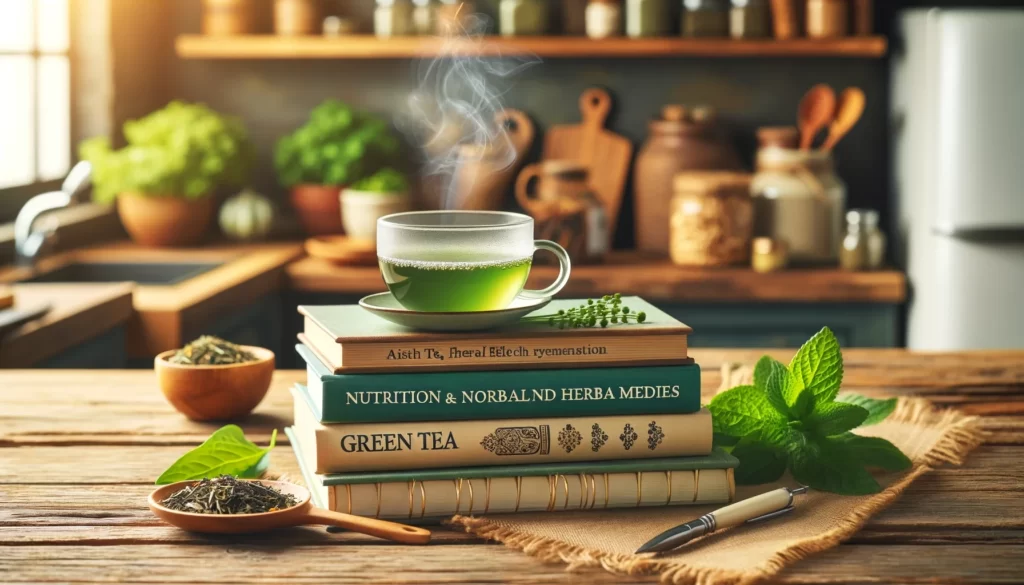 An image showing a stack of books on nutrition and herbal remedies, with a focus on green tea and its health benefits. The books are placed on a wooden table.