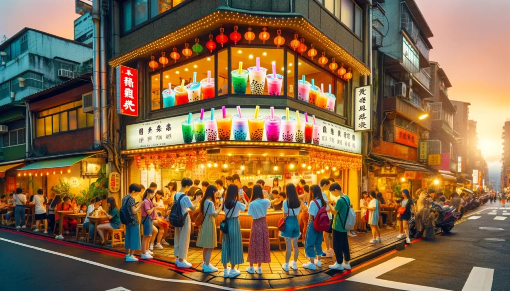 A vibrant and colorful street scene in Taiwan, showcasing a bustling bubble tea shop. The shop is adorned with bright lights and traditional Taiwanese