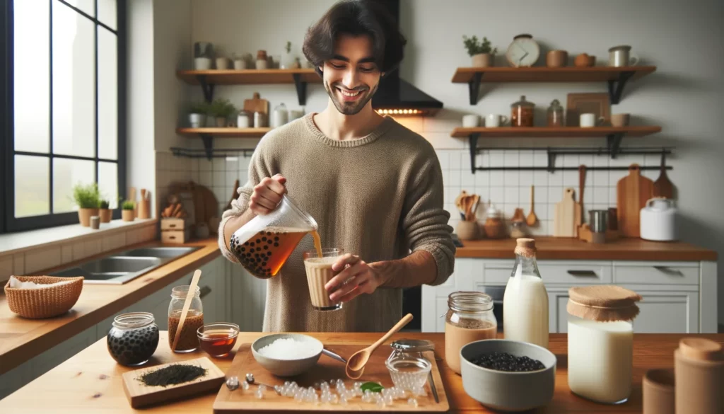 A cozy home kitchen setting with a person of Middle-Eastern descent preparing homemade Boba Tea. The kitchen is well-lit and modern, with ingredients