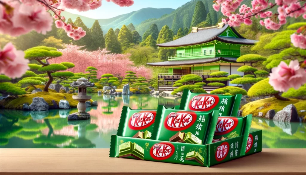 A beautiful and vibrant display of Kit Kat Green Tea bars with a backdrop of a Japanese tea garden. The bars are artfully arranged in the foreground,