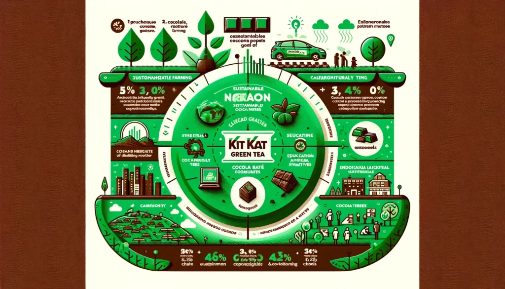 An engaging infographic illustrating the environmental and social impacts of Kit Kat Green Tea production.