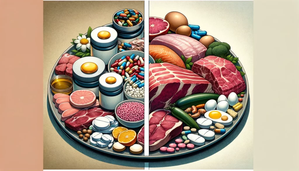 An illustration depicting a variety of multivitamins and supplements on one side, and a selection of meats, fish, eggs, and dairy products