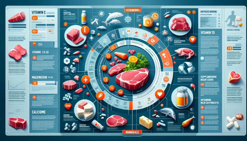  A digital infographic highlighting the essential vitamins and minerals often supplemented in a carnivore diet, with a focus on Vitamin C, E, magnesium