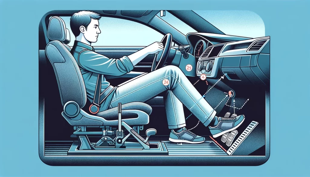 An image depicting a comfortable and safe driving posture to prevent knee pain. The image shows a driver in a car with a focus on correct seat adjustment