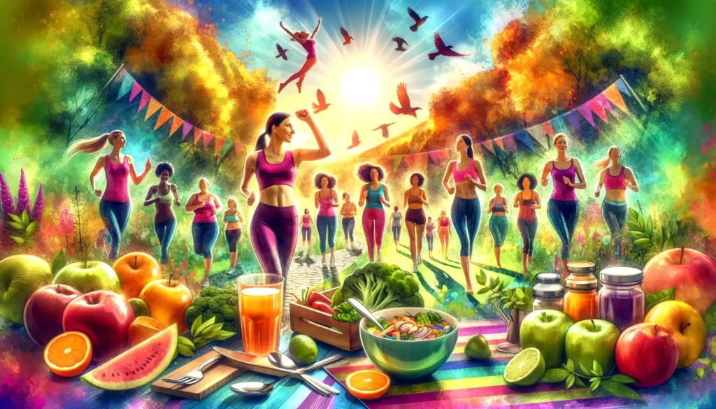 A vibrant and inspiring image depicting a diverse group of women of various ages and body types engaging in a variety of healthy activities