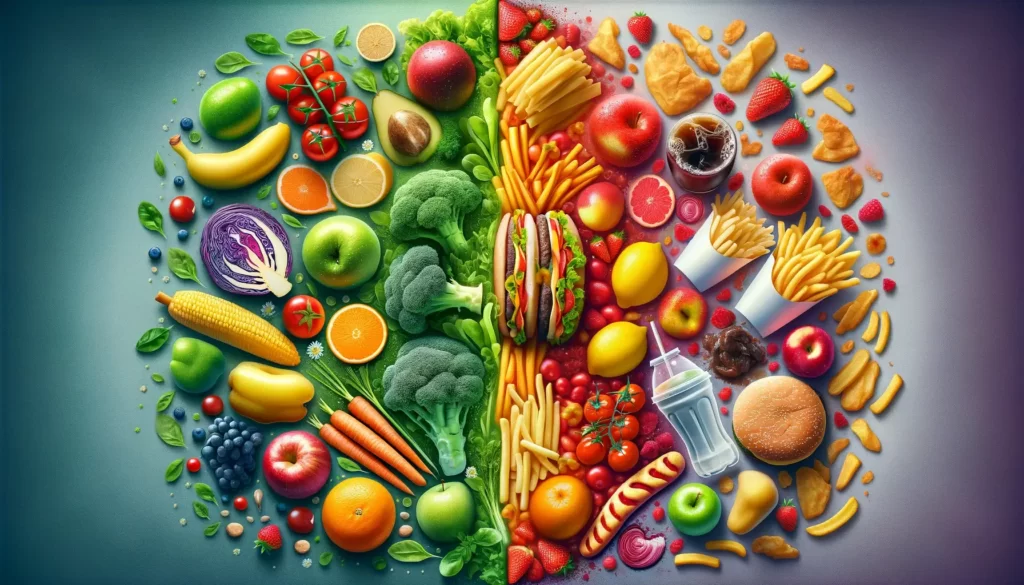 An image symbolizing the contrast between fast food and healthy food choices, showcasing a split composition.