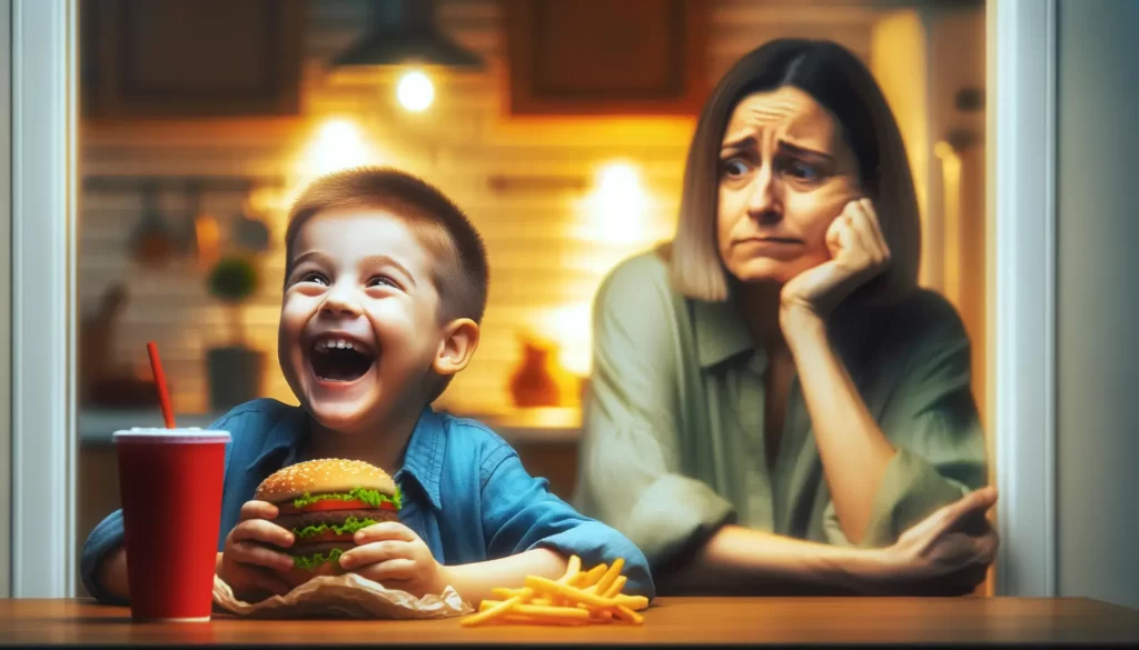 A photorealistic image depicting a young boy, around 8 years old, joyfully eating a burger. The boy is sitting at a kitchen table