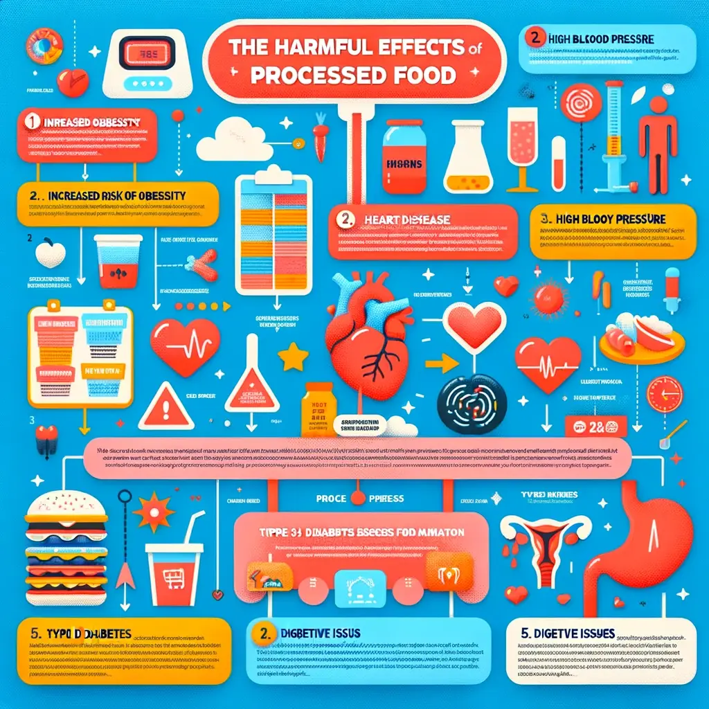 An infographic highlighting the harmful effects of processed food. The infographic is colorful and easy to understand