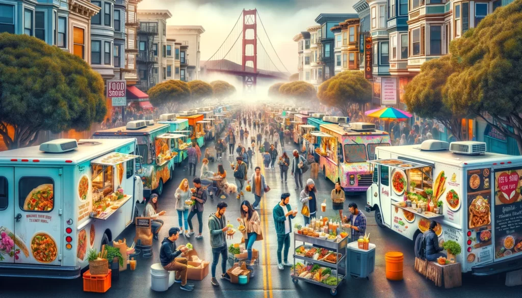 A vibrant and colorful street food scene in San Francisco, showcasing a variety of food trucks and street food stands.