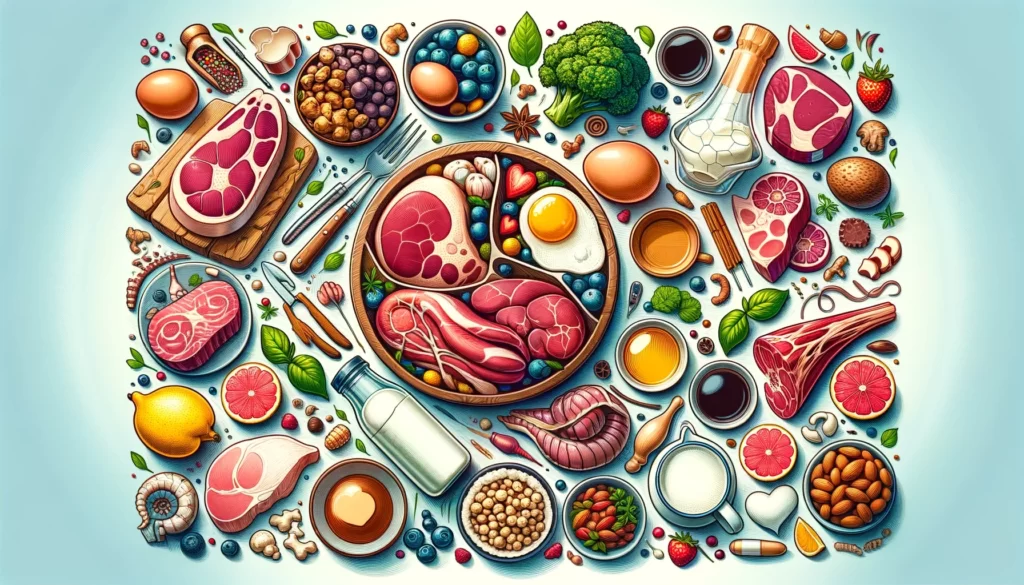 An engaging and informative blog header image, showcasing the concept of an animal-based diet.